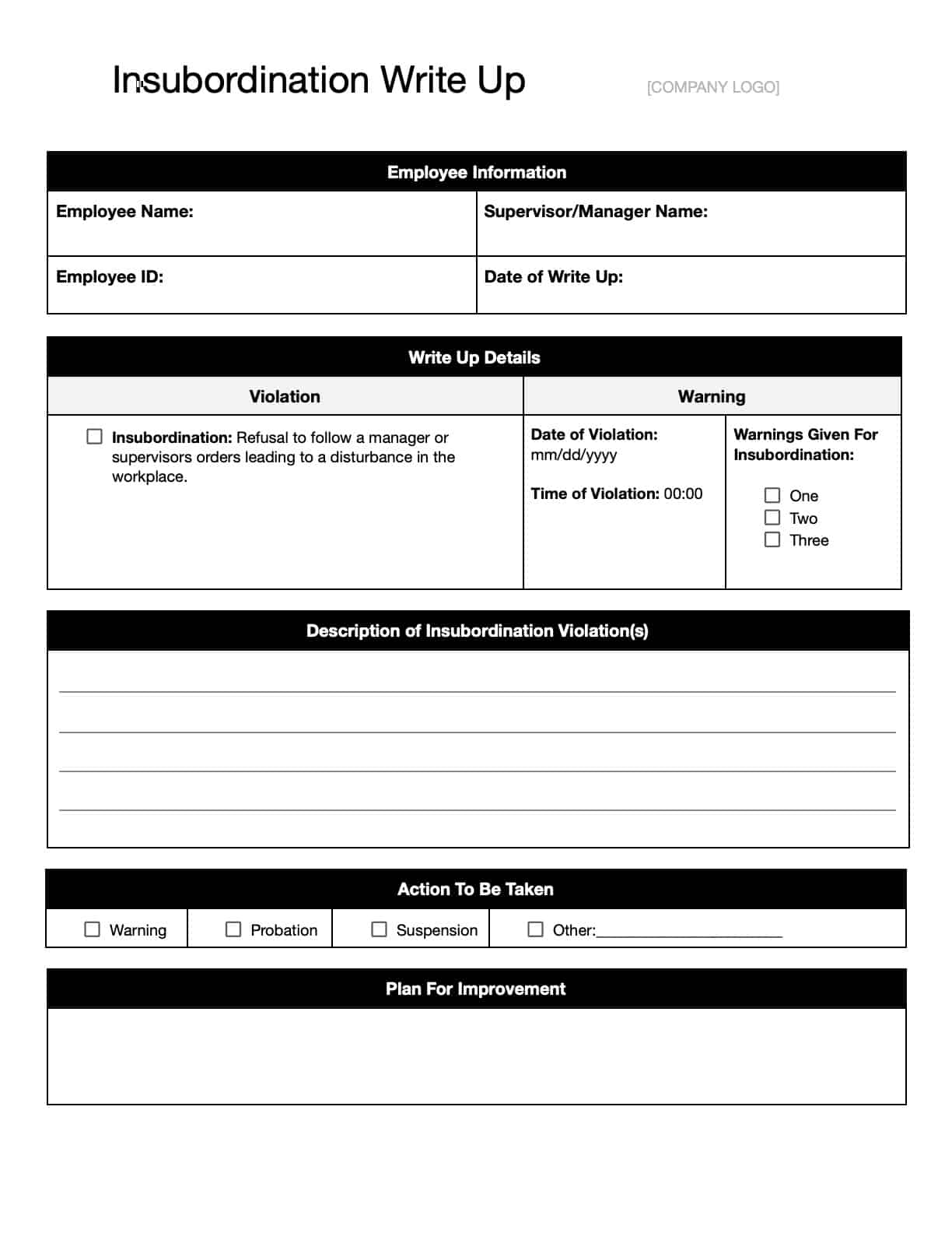 Employee Write Up Forms Templates Download Print 