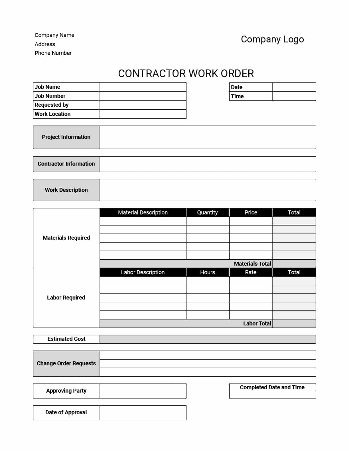 work order excel template