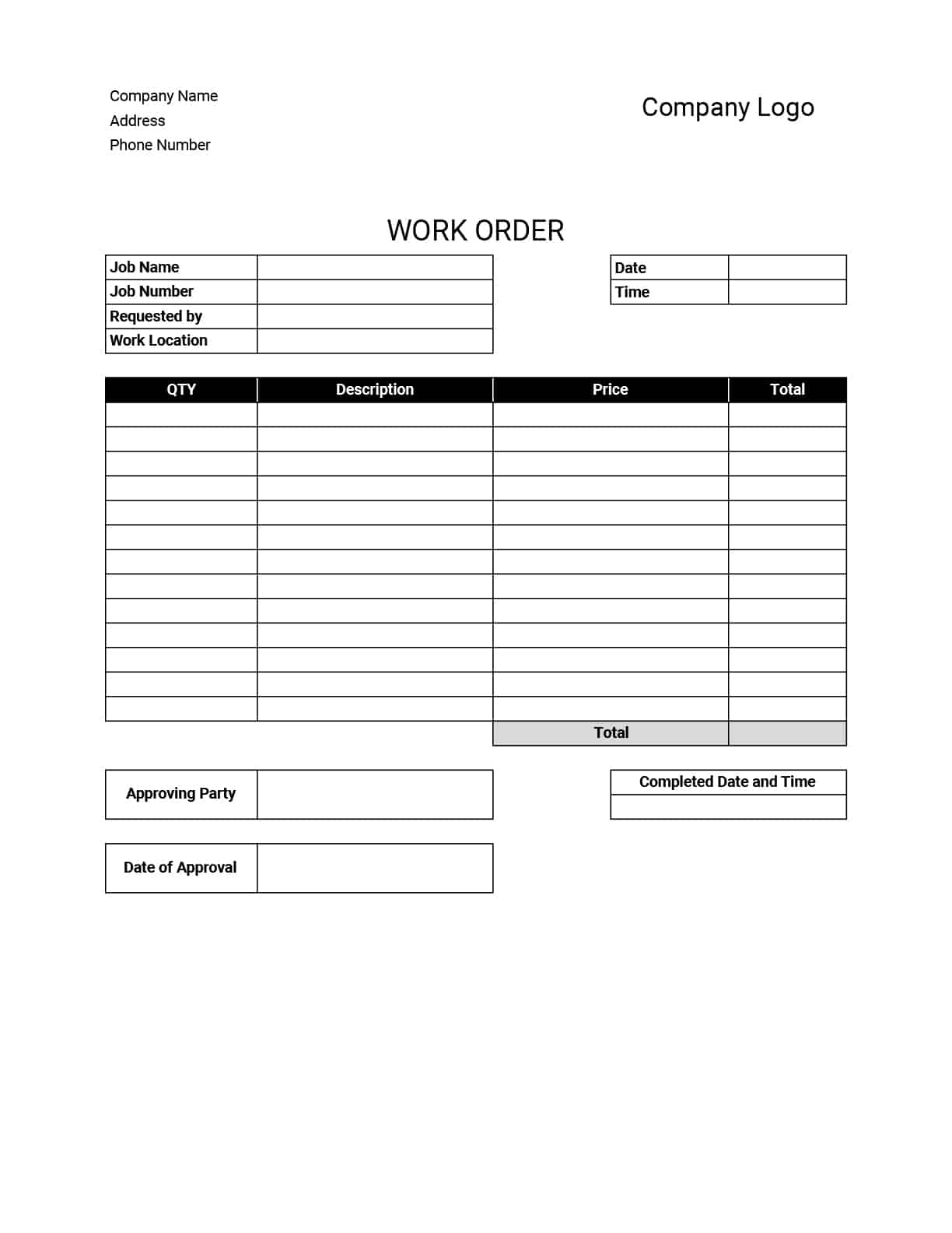 Work Order Form Template Excel