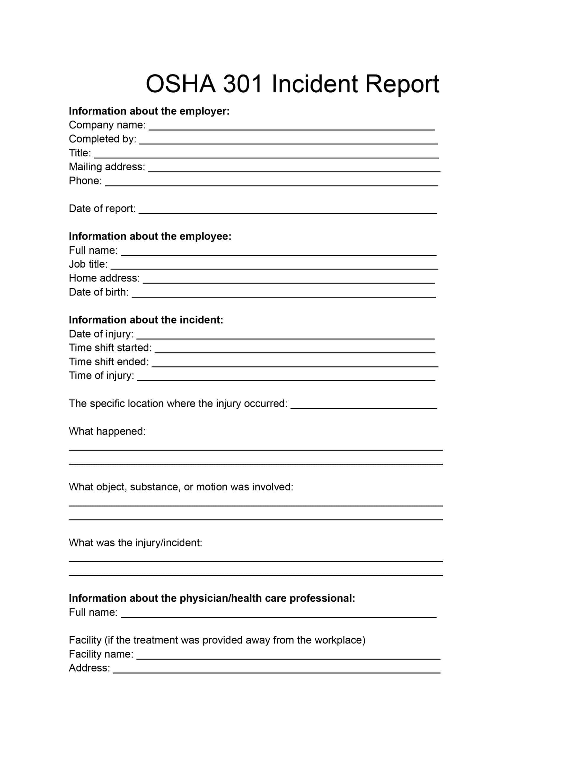 OSHA 301 Incident Report