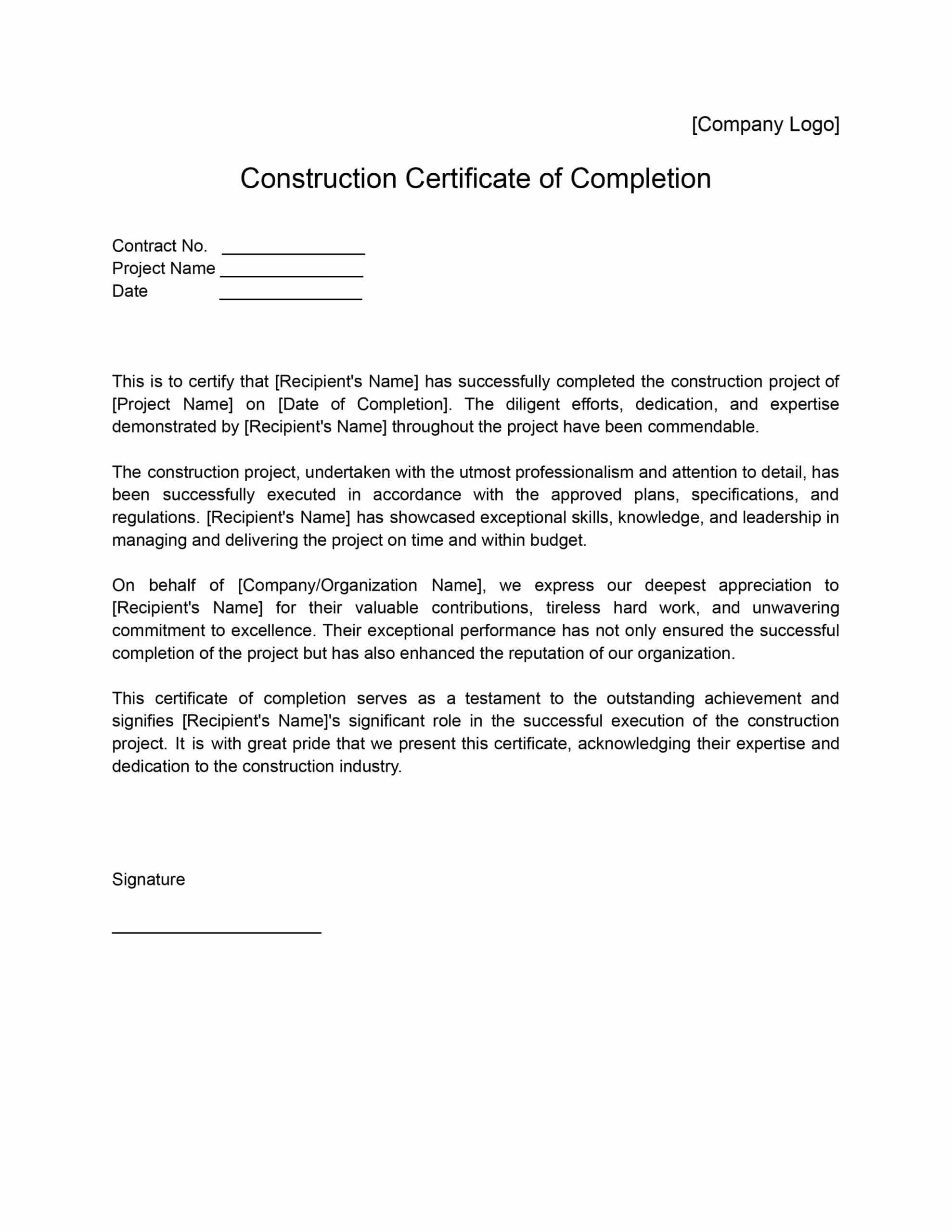 Certificate Of Completion Construction Templates